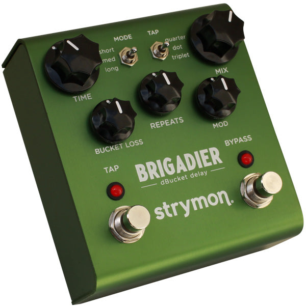 Green Strymon Brigadier dBucket Delay effects pedal with five black knobs, two toggle switches, two footswitches, and two red indicator lights.